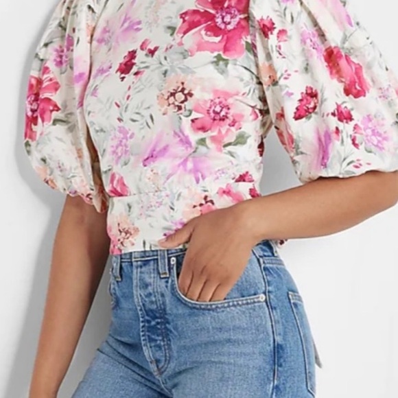 Express Floral Puff Sleeve Top with Tie Back - Picture 2 of 8